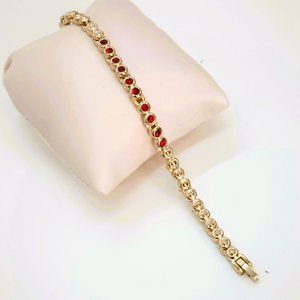 Gold Ruby Red Tennis Bracelet 7.5" Women's with Clear Round Stones Jewe;ry